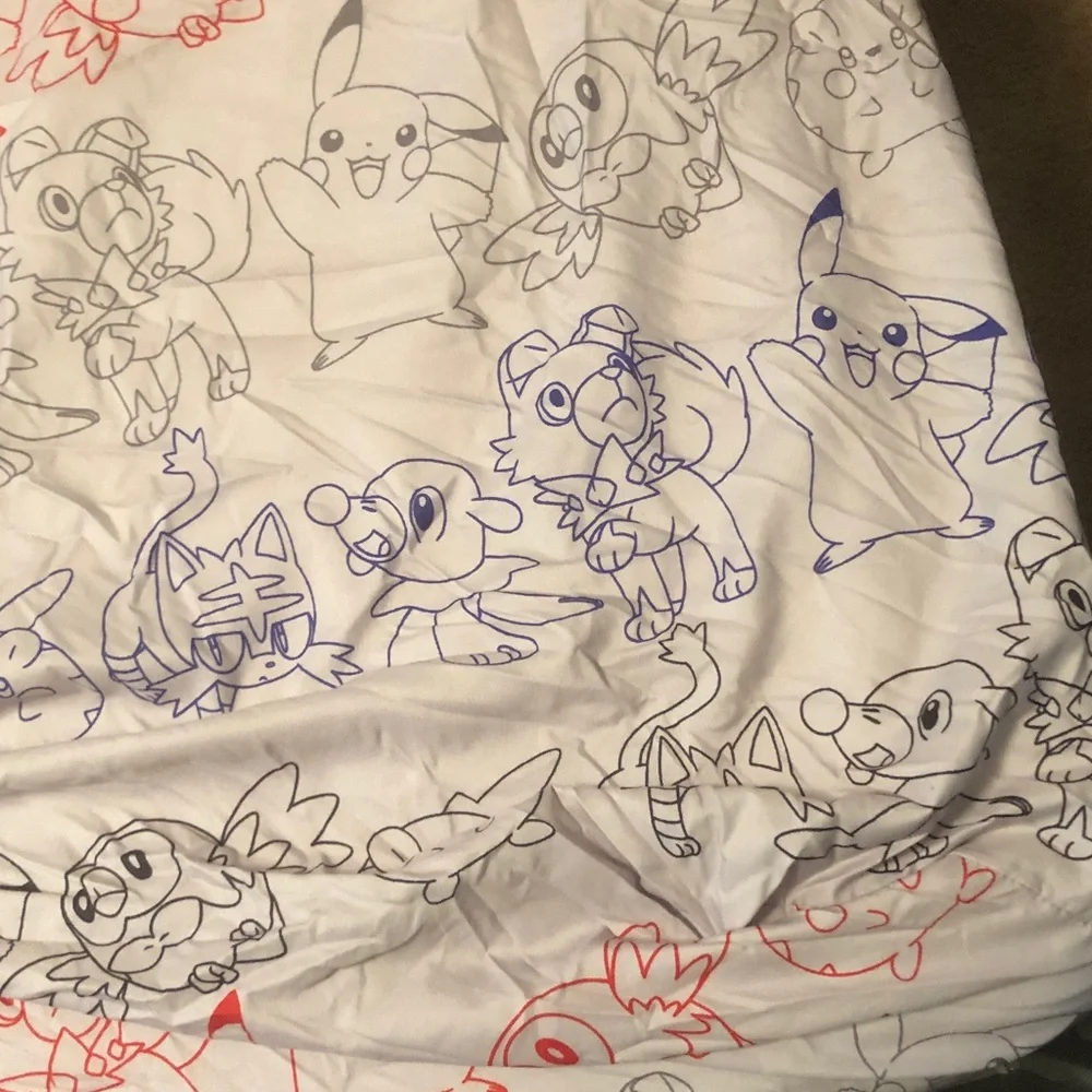 Pokemon Character Print Twin/Full Sheet - Red & Blue Line Art on White